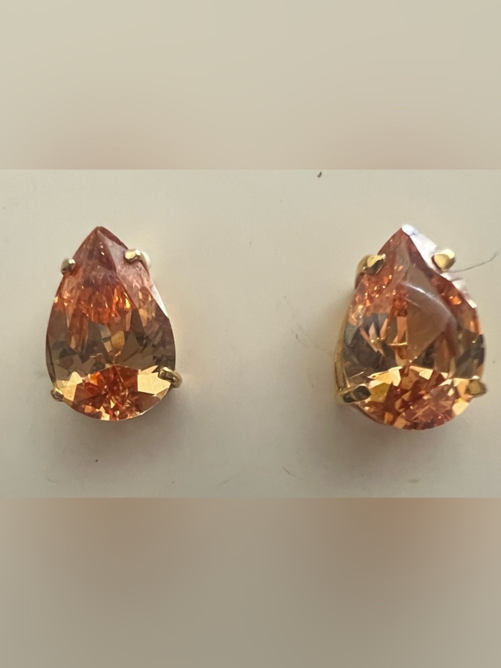 Faux Morganite Peach Teardrop Crystal Stud Pierced Earrings - Gold Tone